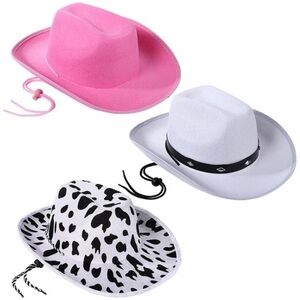 3 cowboy cowgirl hats. White, pink & cow print.